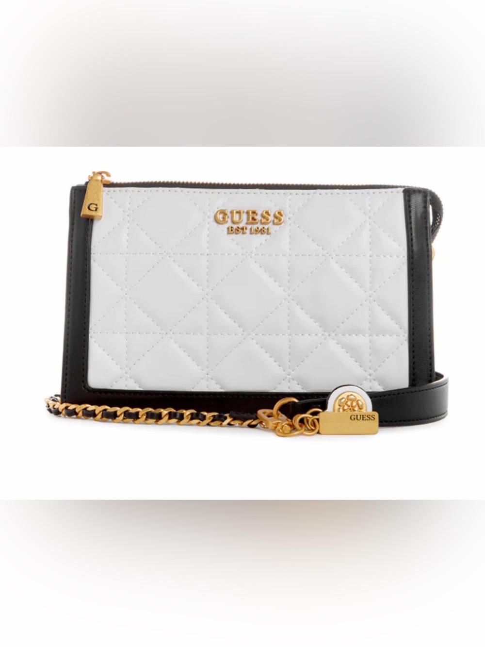 Guess Abey Quilted Mini White Crossbody Bag with Black Trim and Gold Hardware